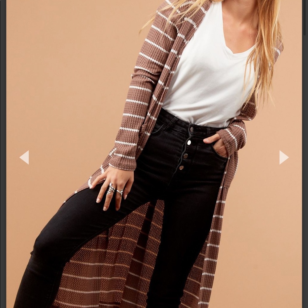 Brown Thermal Stripe Pocketed Duster